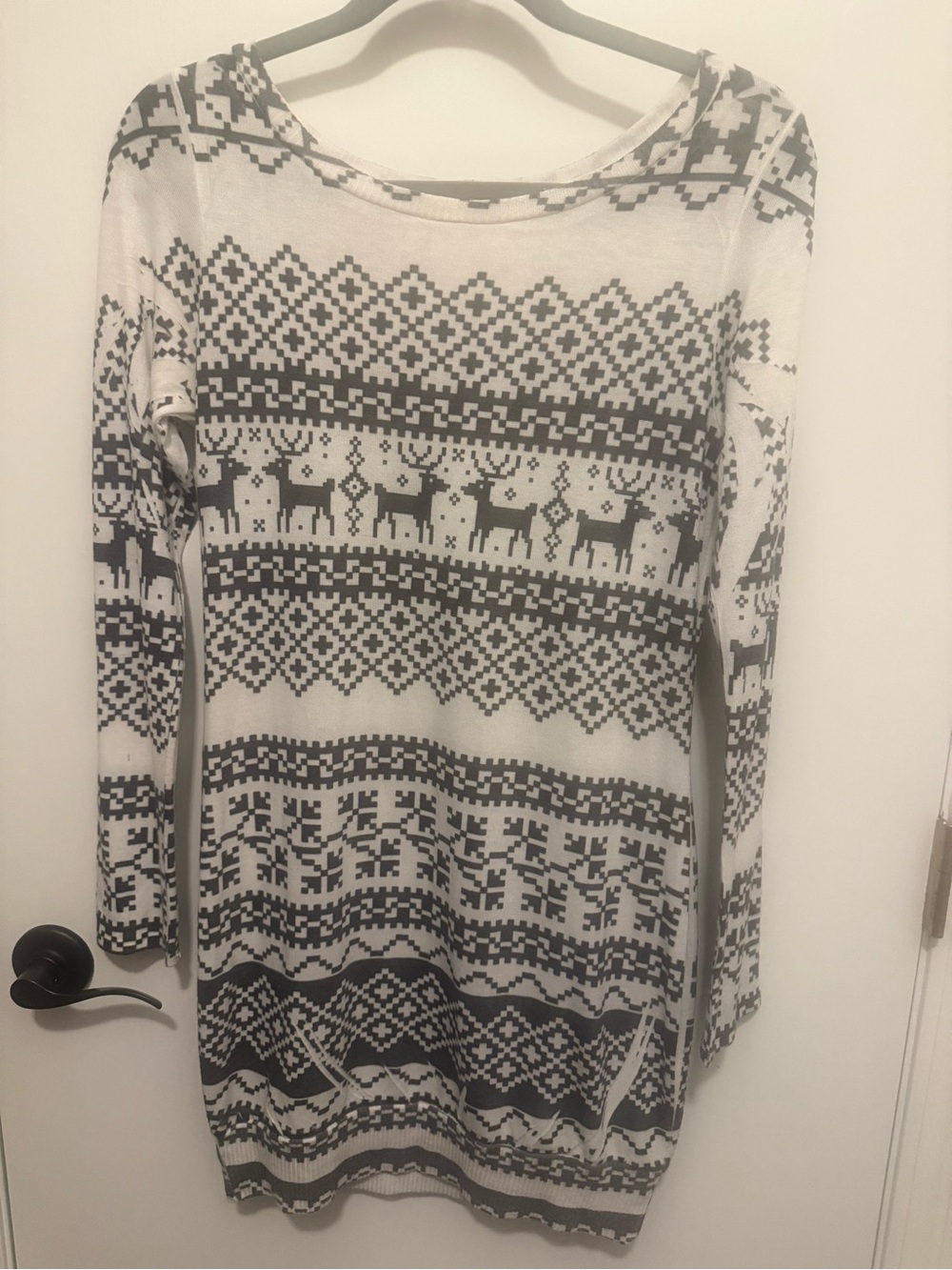 Long-Sleeve Black & White Nordic Reindeer Knit Dress